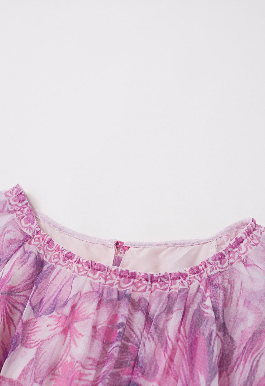 Wild Tropic Puff Sleeve Ruffle Chiffon Maxi Dress in Lavender