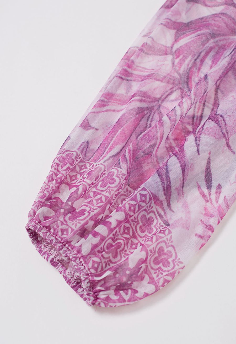 Wild Tropic Puff Sleeve Ruffle Chiffon Maxi Dress in Lavender