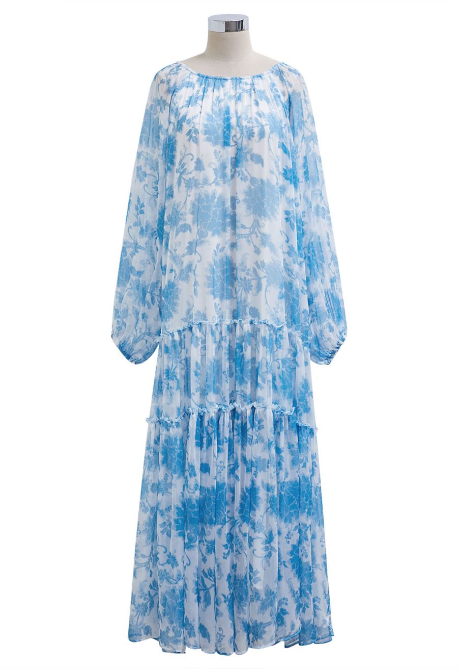 Serene Bloom Puff Sleeve Ruffle Chiffon Maxi Dress in Blue