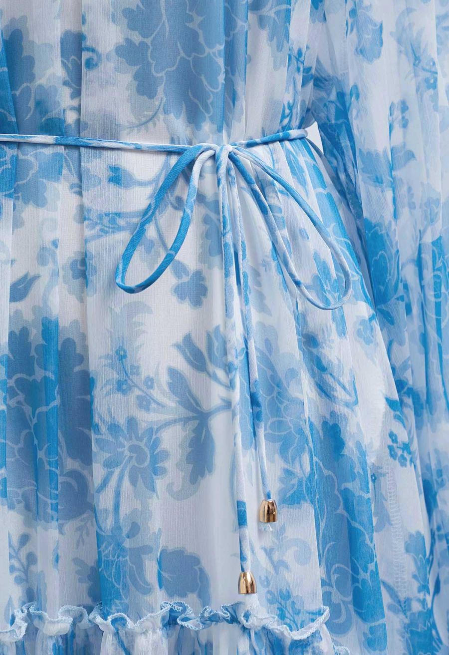 Serene Bloom Puff Sleeve Ruffle Chiffon Maxi Dress in Blue