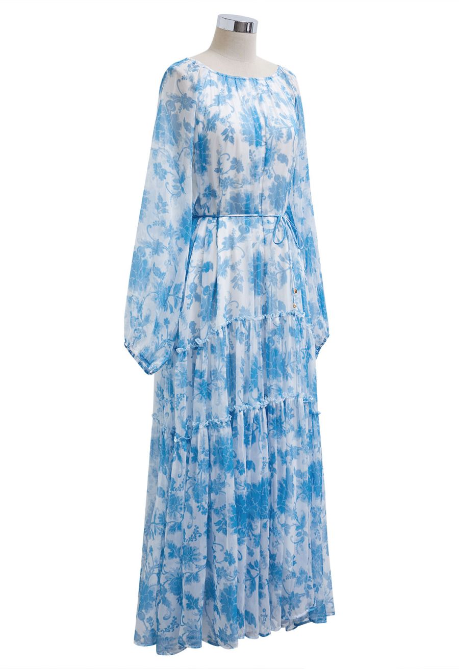Serene Bloom Puff Sleeve Ruffle Chiffon Maxi Dress in Blue
