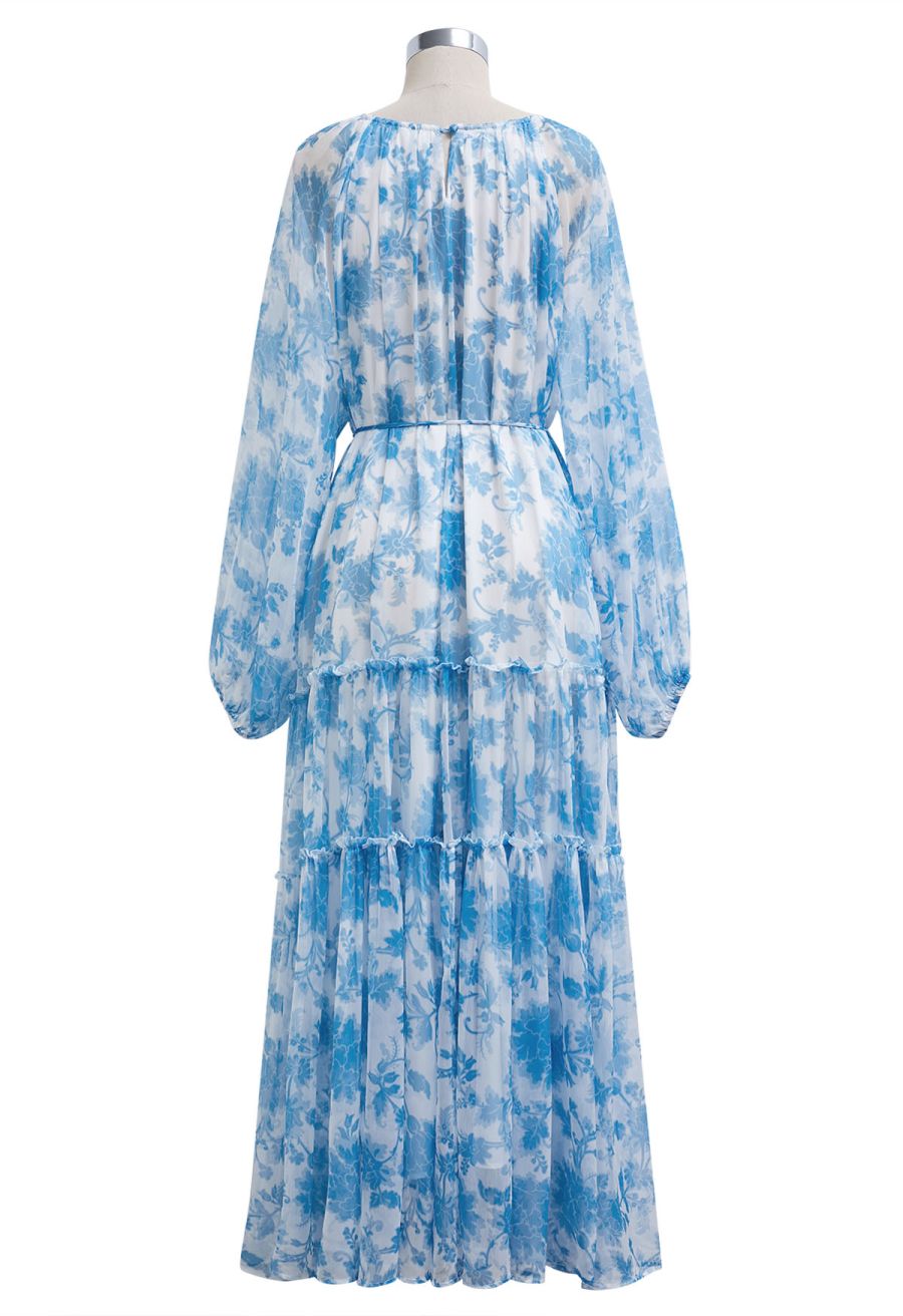 Serene Bloom Puff Sleeve Ruffle Chiffon Maxi Dress in Blue
