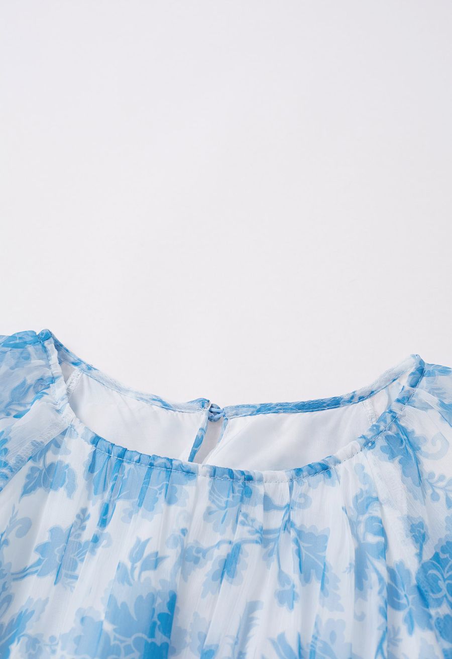 Serene Bloom Puff Sleeve Ruffle Chiffon Maxi Dress in Blue