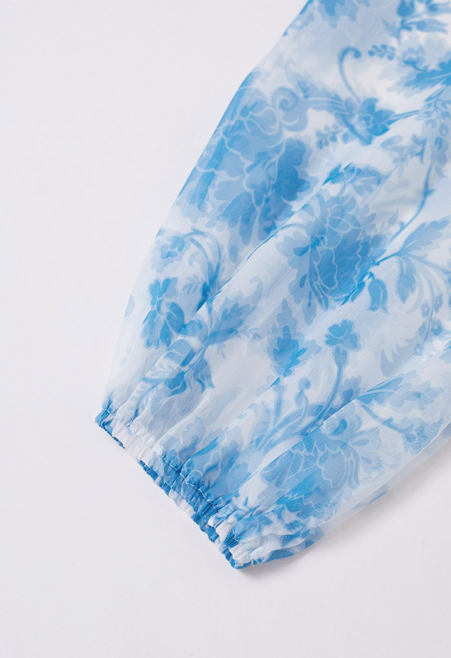 Serene Bloom Puff Sleeve Ruffle Chiffon Maxi Dress in Blue