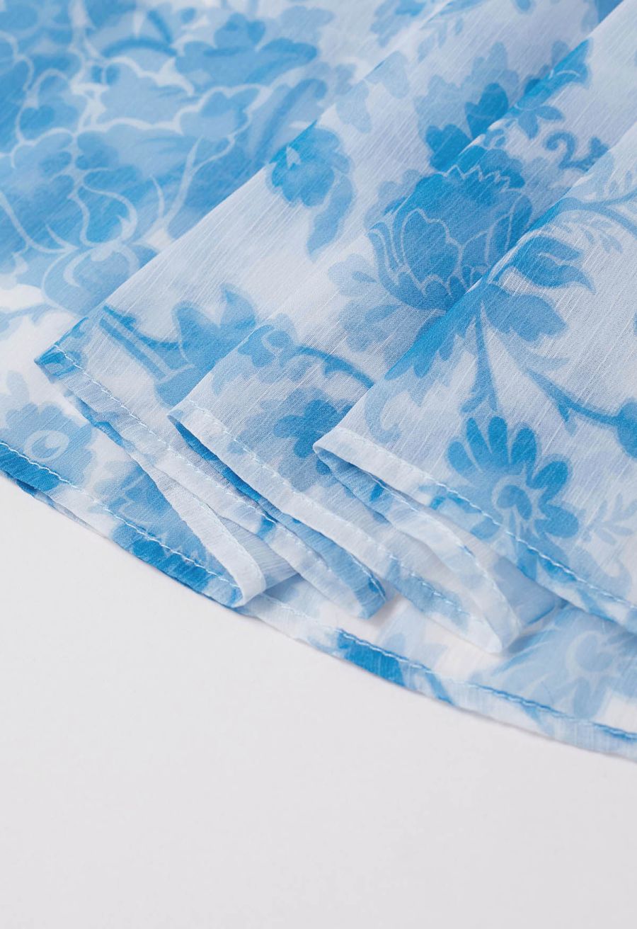 Serene Bloom Puff Sleeve Ruffle Chiffon Maxi Dress in Blue