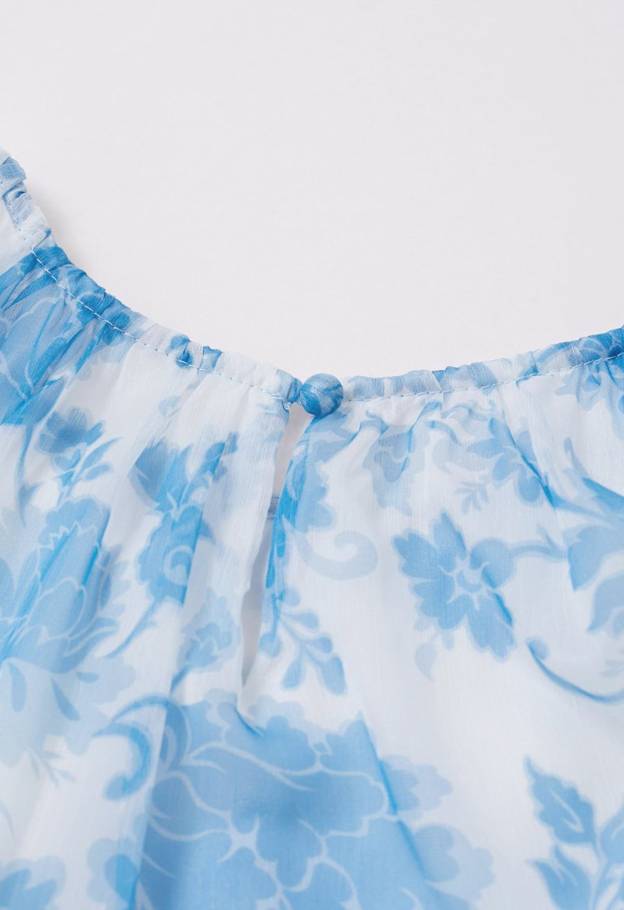 Serene Bloom Puff Sleeve Ruffle Chiffon Maxi Dress in Blue