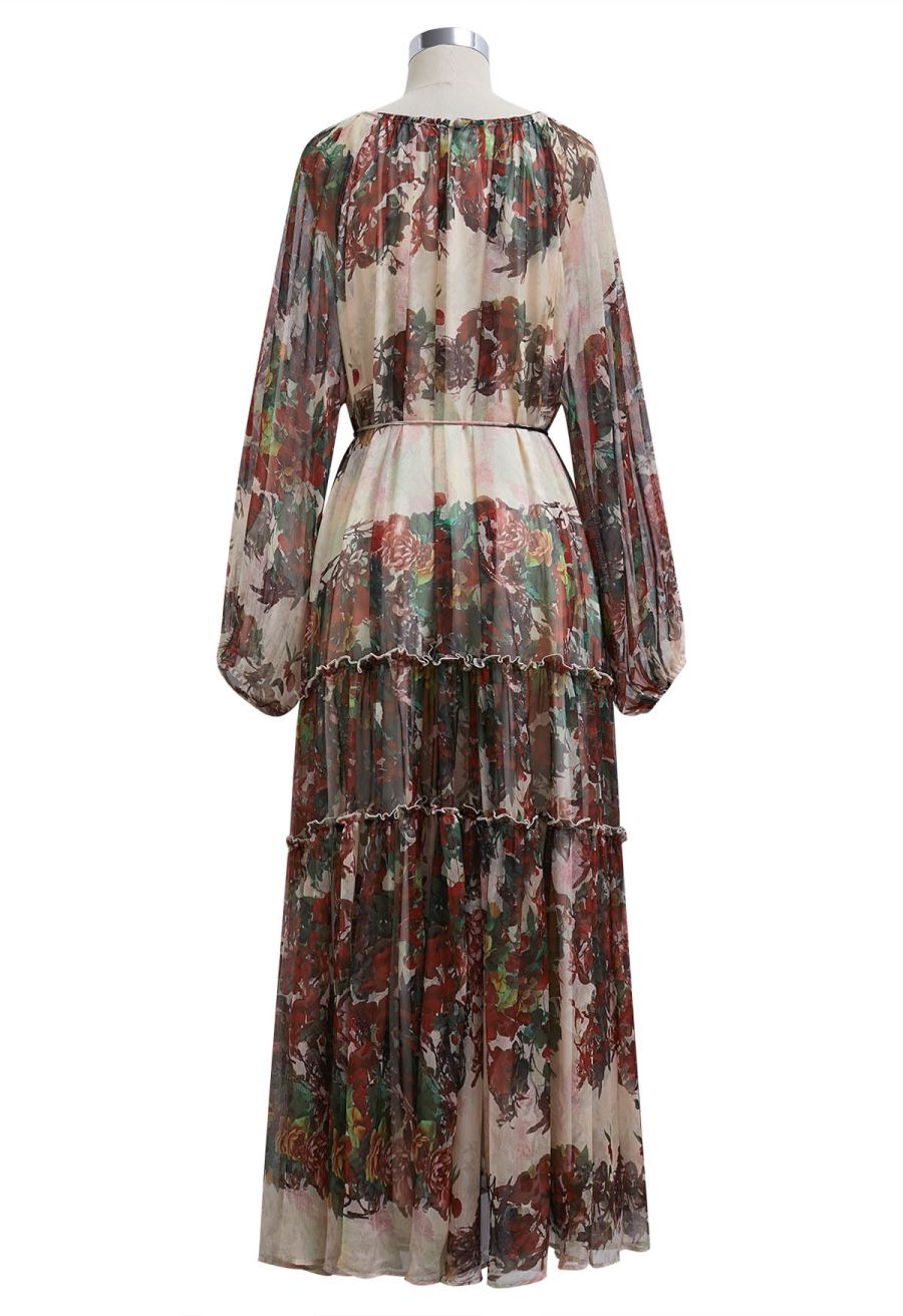 Crimson Bloom Puff Sleeve Ruffle Chiffon Maxi Dress