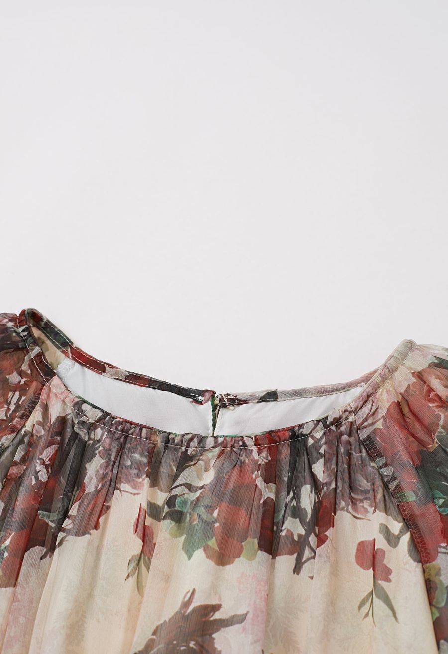 Crimson Bloom Puff Sleeve Ruffle Chiffon Maxi Dress