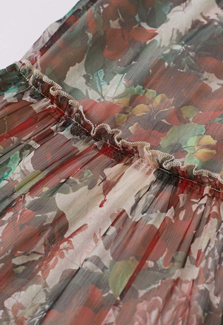 Crimson Bloom Puff Sleeve Ruffle Chiffon Maxi Dress
