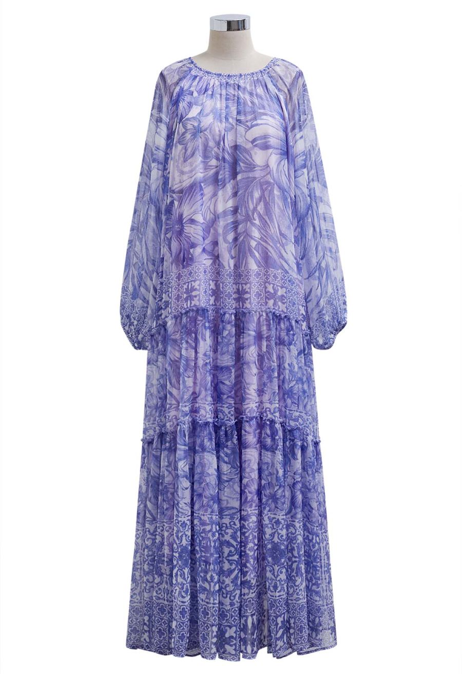 Wild Tropic Puff Sleeve Ruffle Chiffon Maxi Dress in Purple