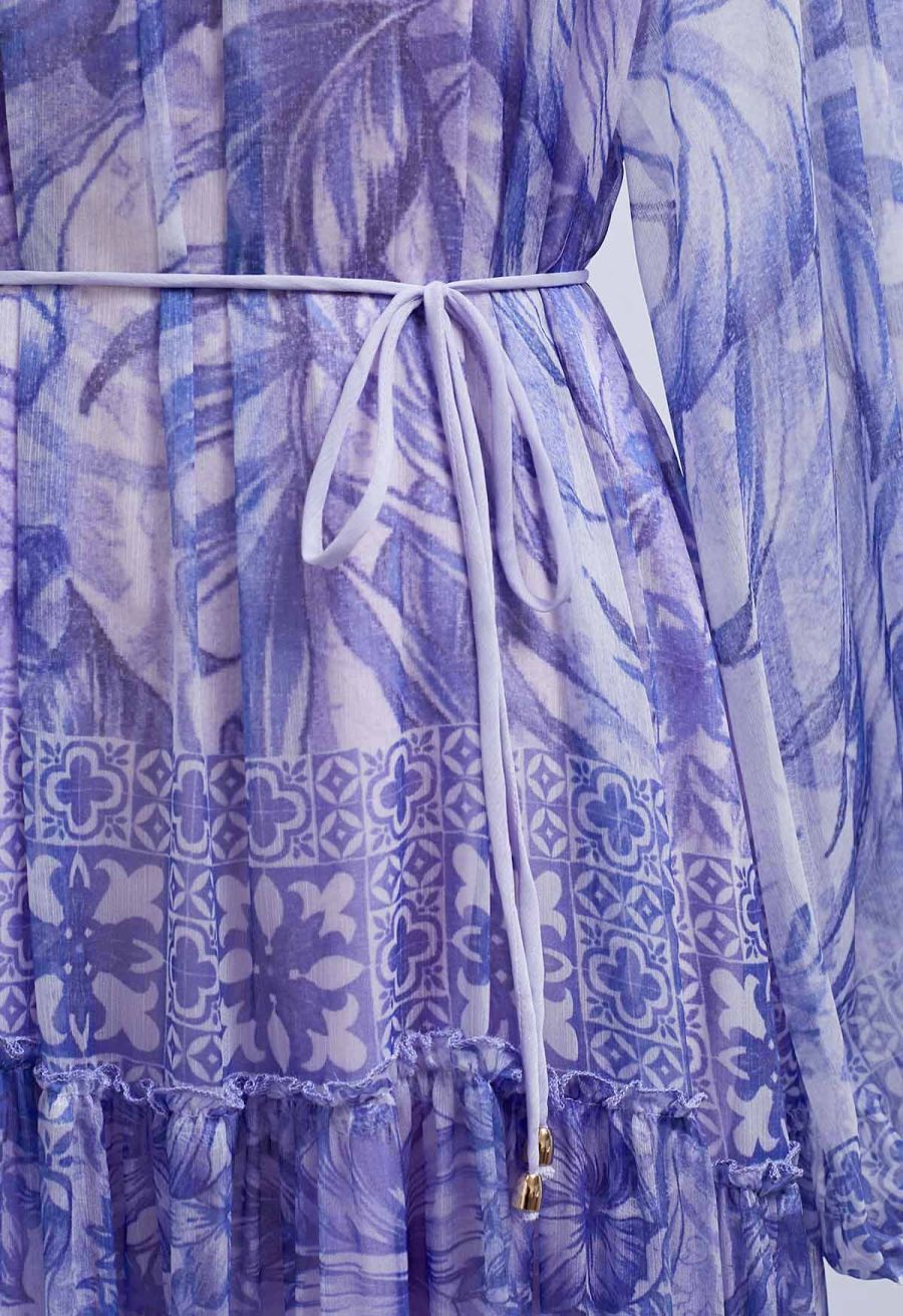 Wild Tropic Puff Sleeve Ruffle Chiffon Maxi Dress in Purple