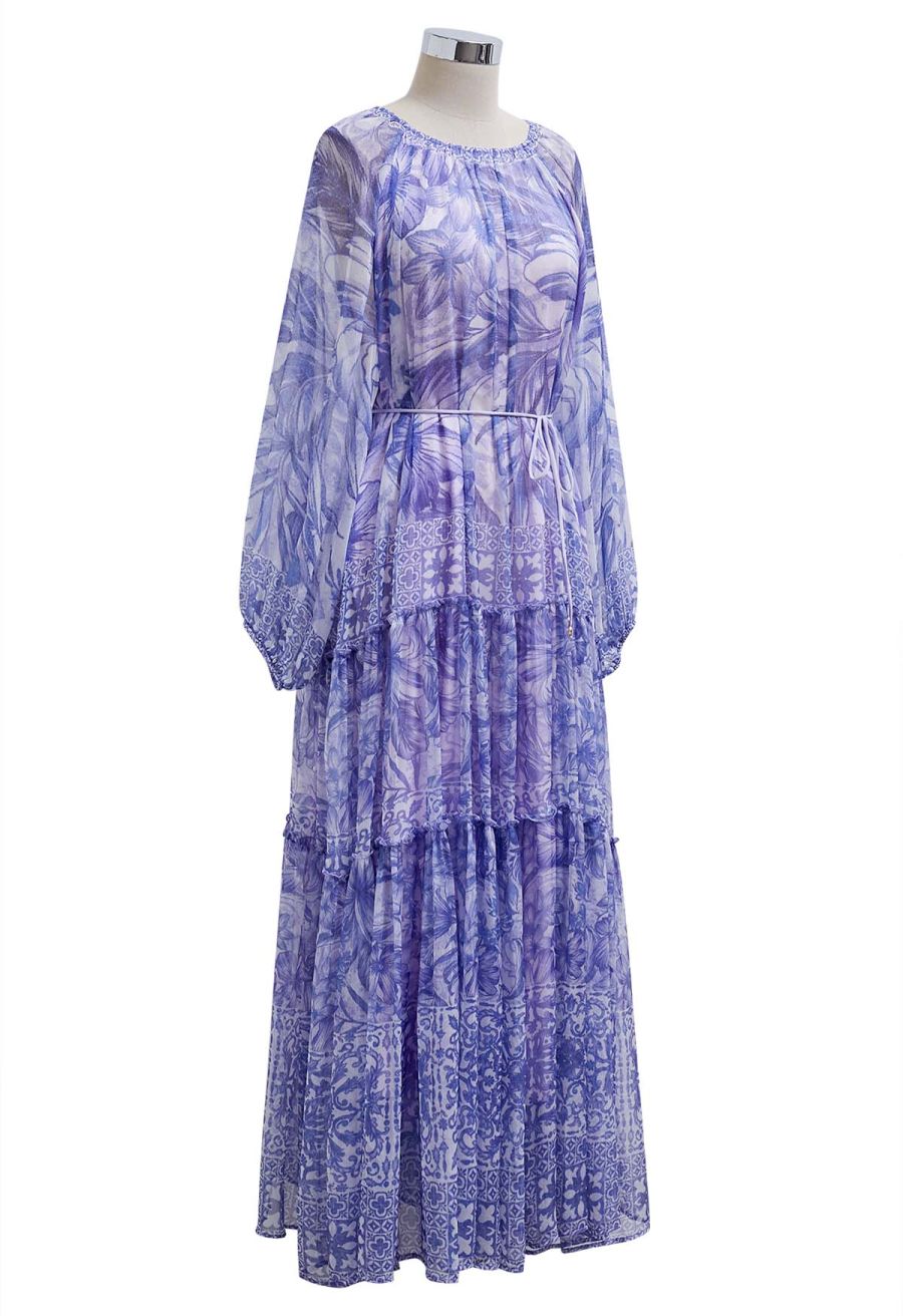 Wild Tropic Puff Sleeve Ruffle Chiffon Maxi Dress in Purple