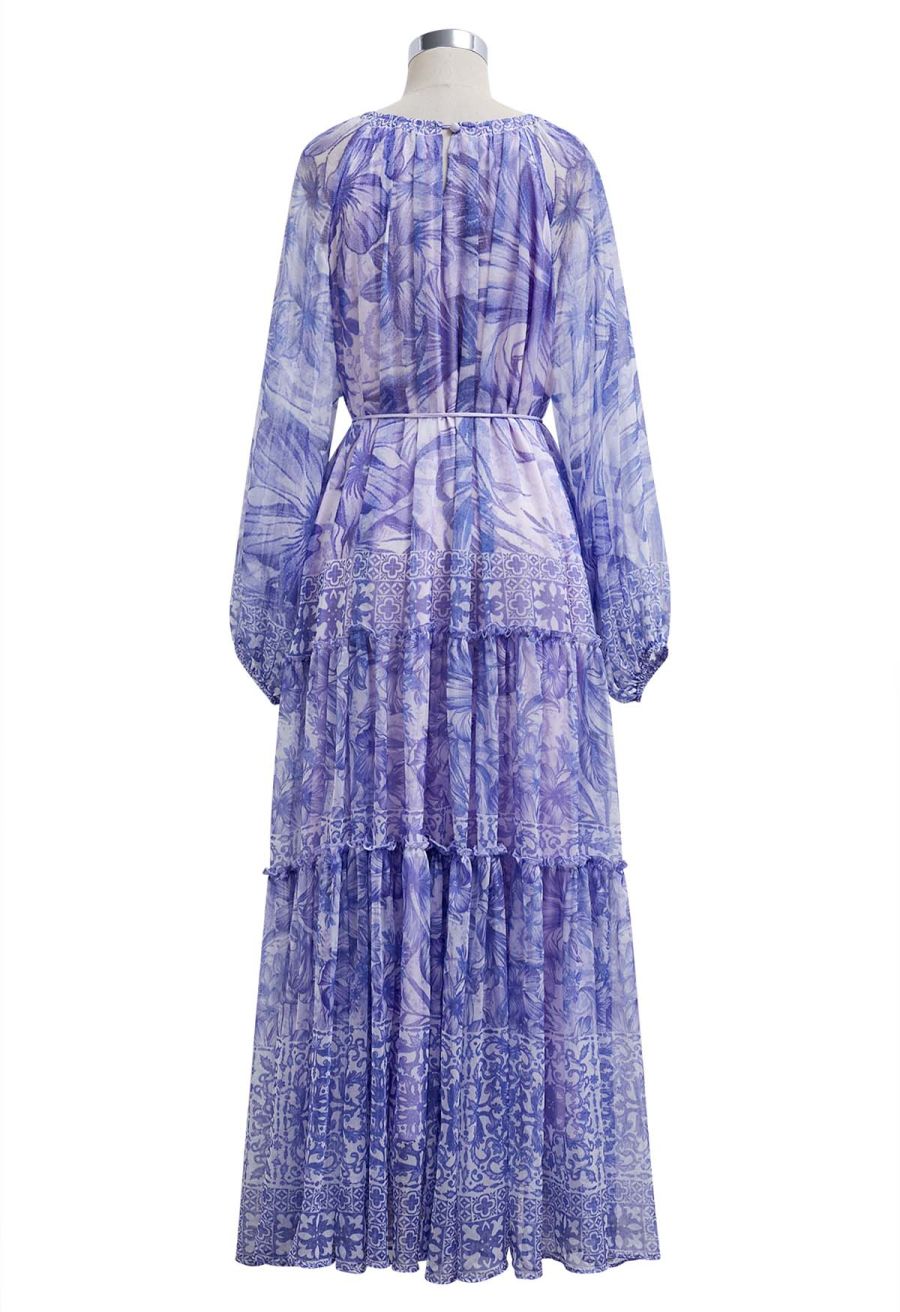 Wild Tropic Puff Sleeve Ruffle Chiffon Maxi Dress in Purple