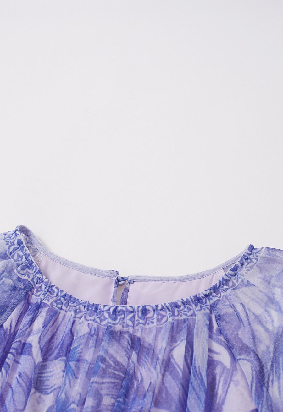 Wild Tropic Puff Sleeve Ruffle Chiffon Maxi Dress in Purple
