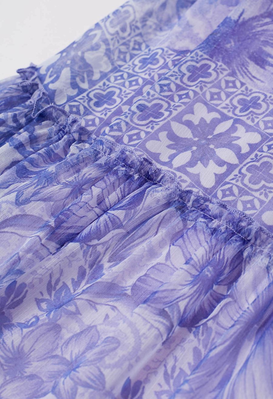 Wild Tropic Puff Sleeve Ruffle Chiffon Maxi Dress in Purple