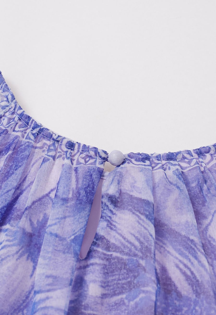 Wild Tropic Puff Sleeve Ruffle Chiffon Maxi Dress in Purple