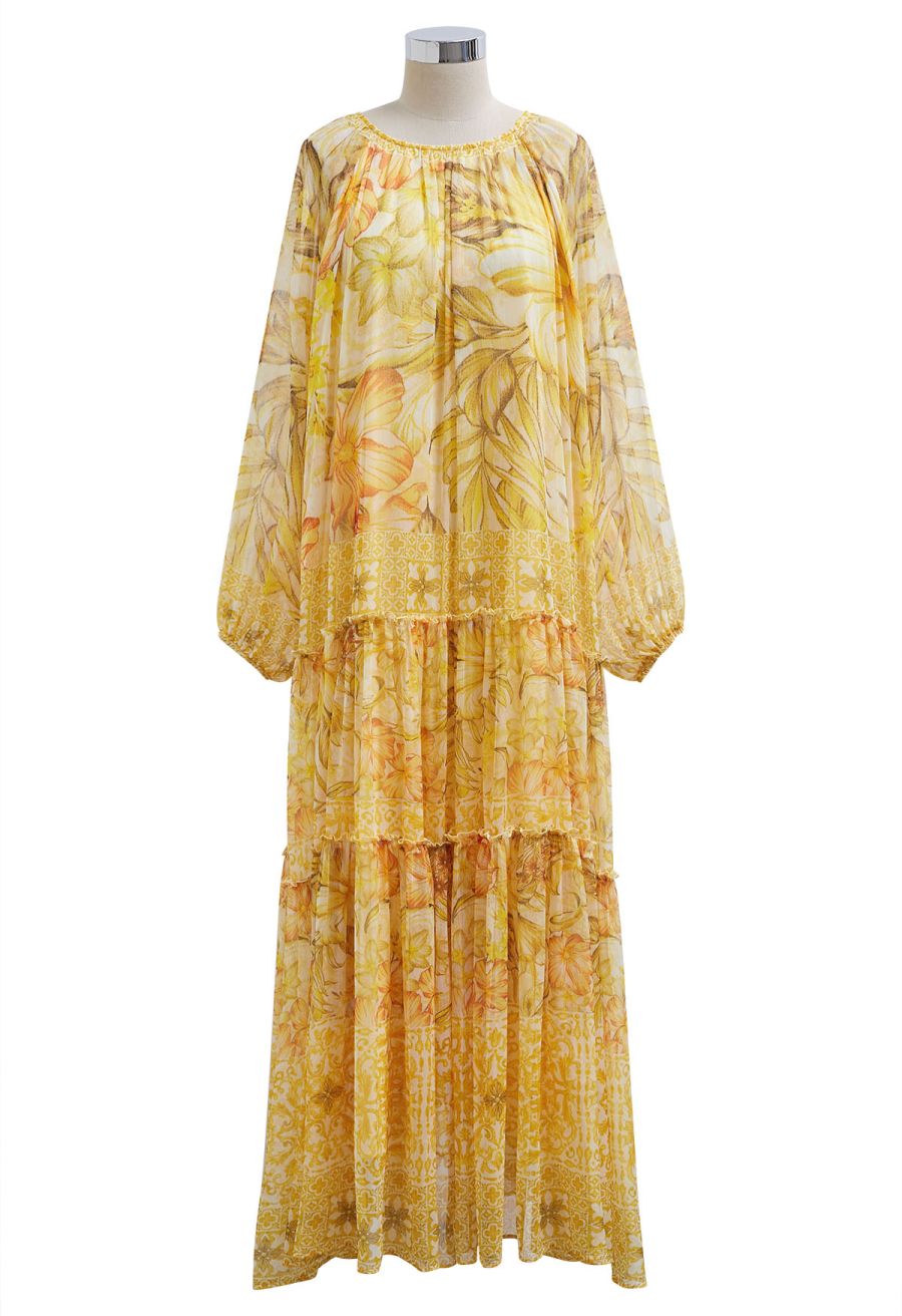Wild Tropic Puff Sleeve Ruffle Chiffon Maxi Dress in Yellow