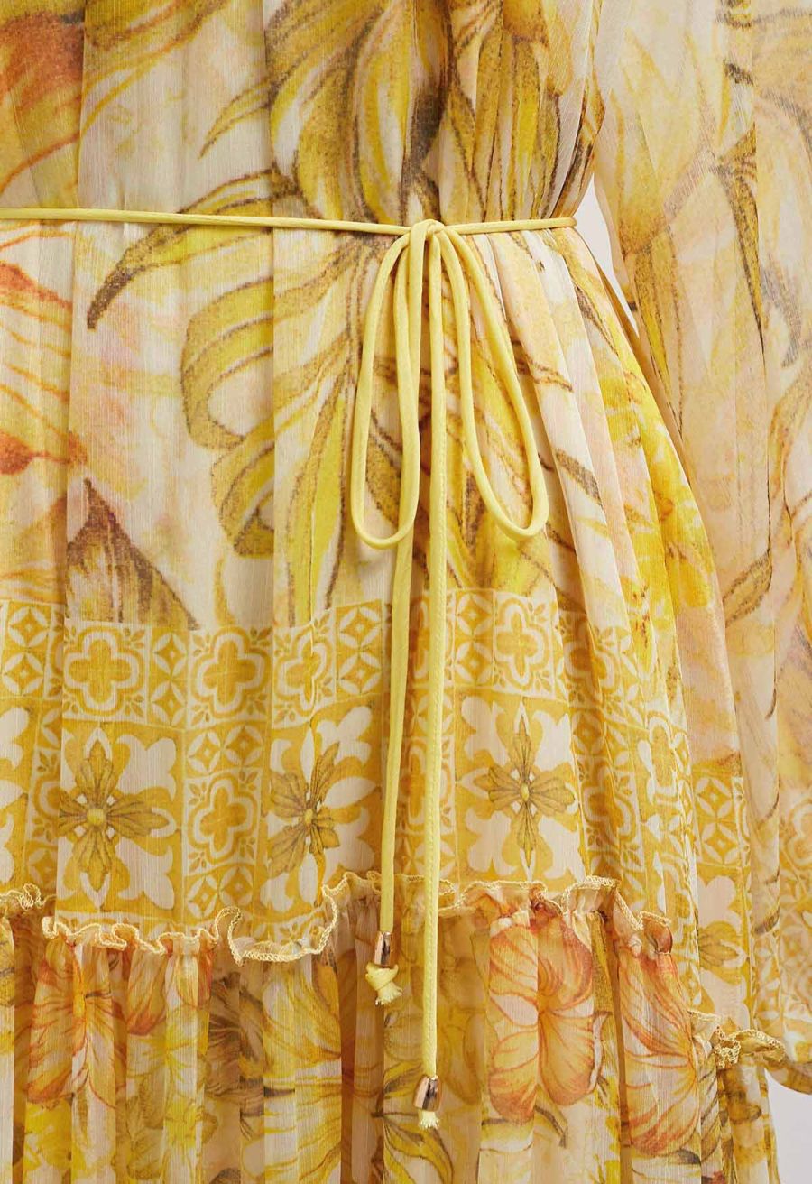 Wild Tropic Puff Sleeve Ruffle Chiffon Maxi Dress in Yellow