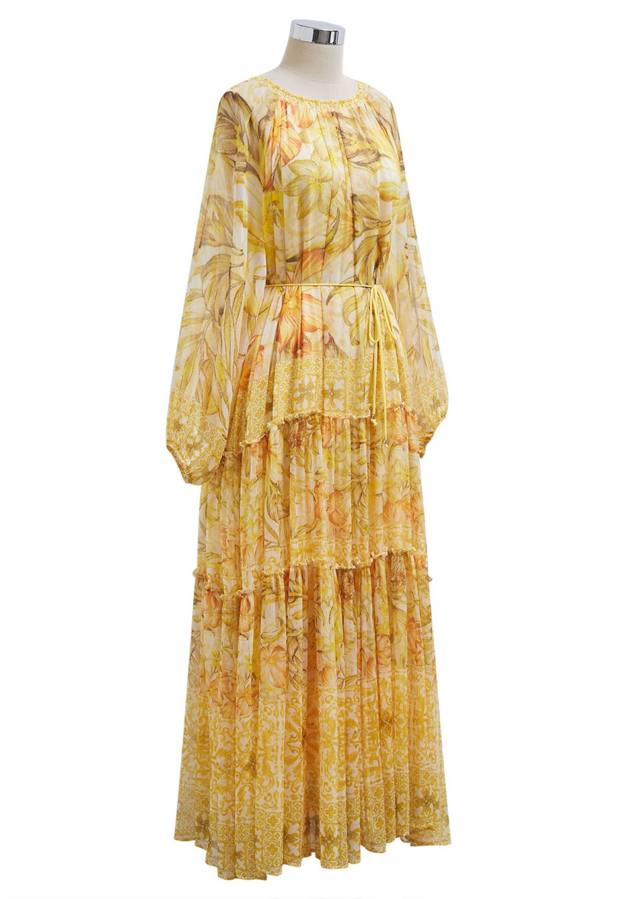 Wild Tropic Puff Sleeve Ruffle Chiffon Maxi Dress in Yellow