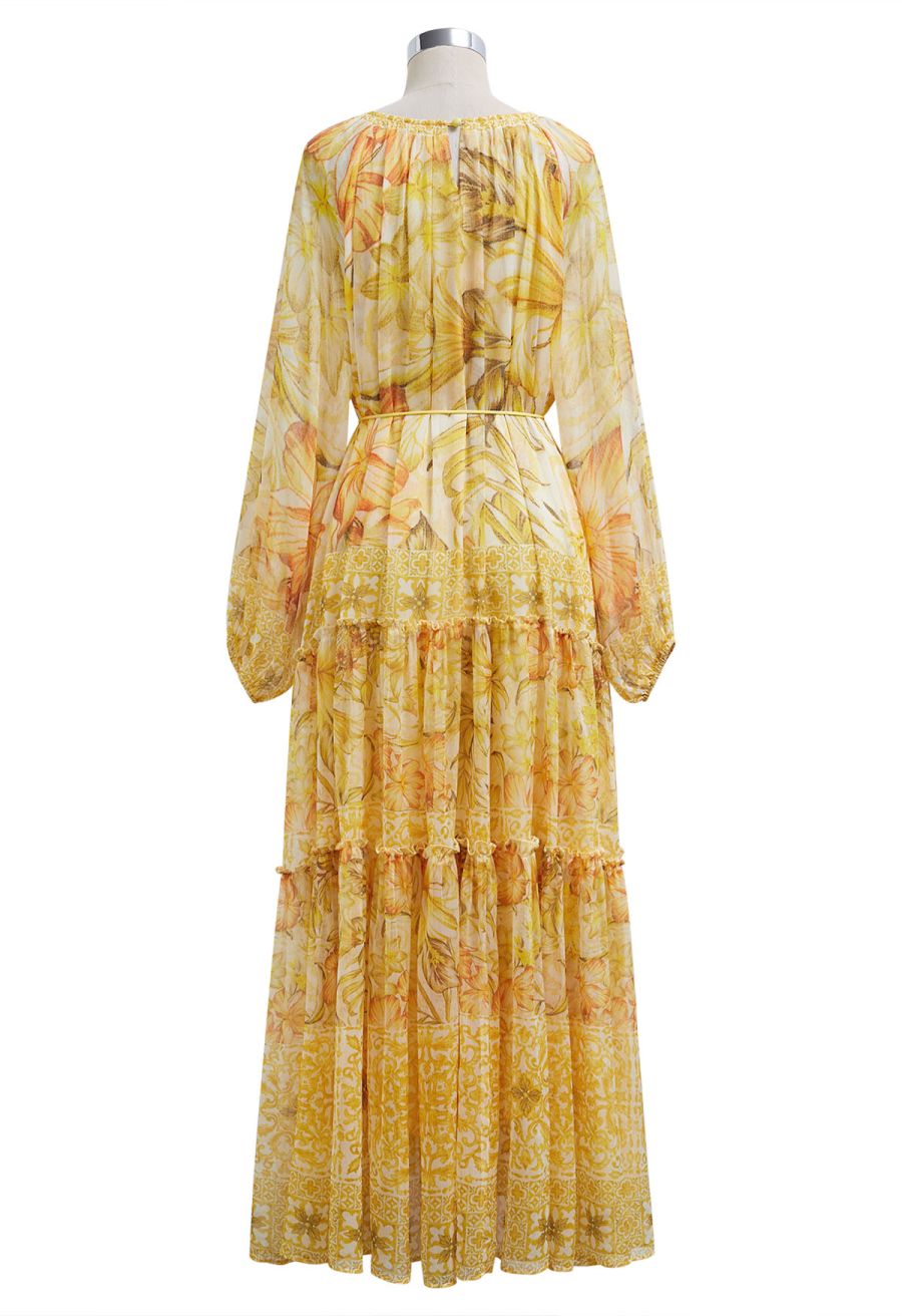 Wild Tropic Puff Sleeve Ruffle Chiffon Maxi Dress in Yellow