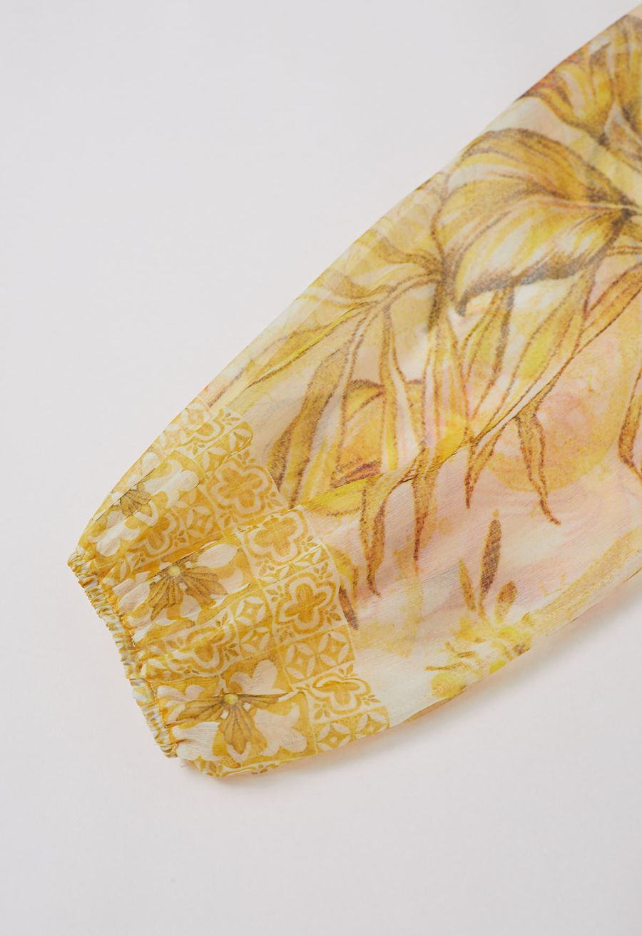 Wild Tropic Puff Sleeve Ruffle Chiffon Maxi Dress in Yellow