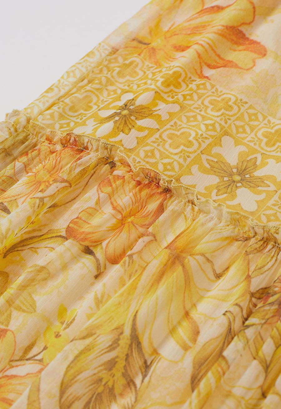 Wild Tropic Puff Sleeve Ruffle Chiffon Maxi Dress in Yellow