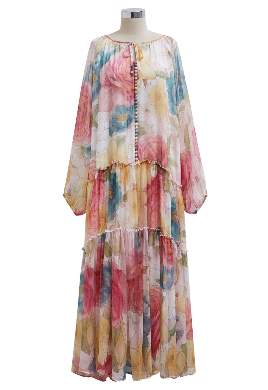 Floral Drift Button Down Ruffle Chiffon Maxi Dress