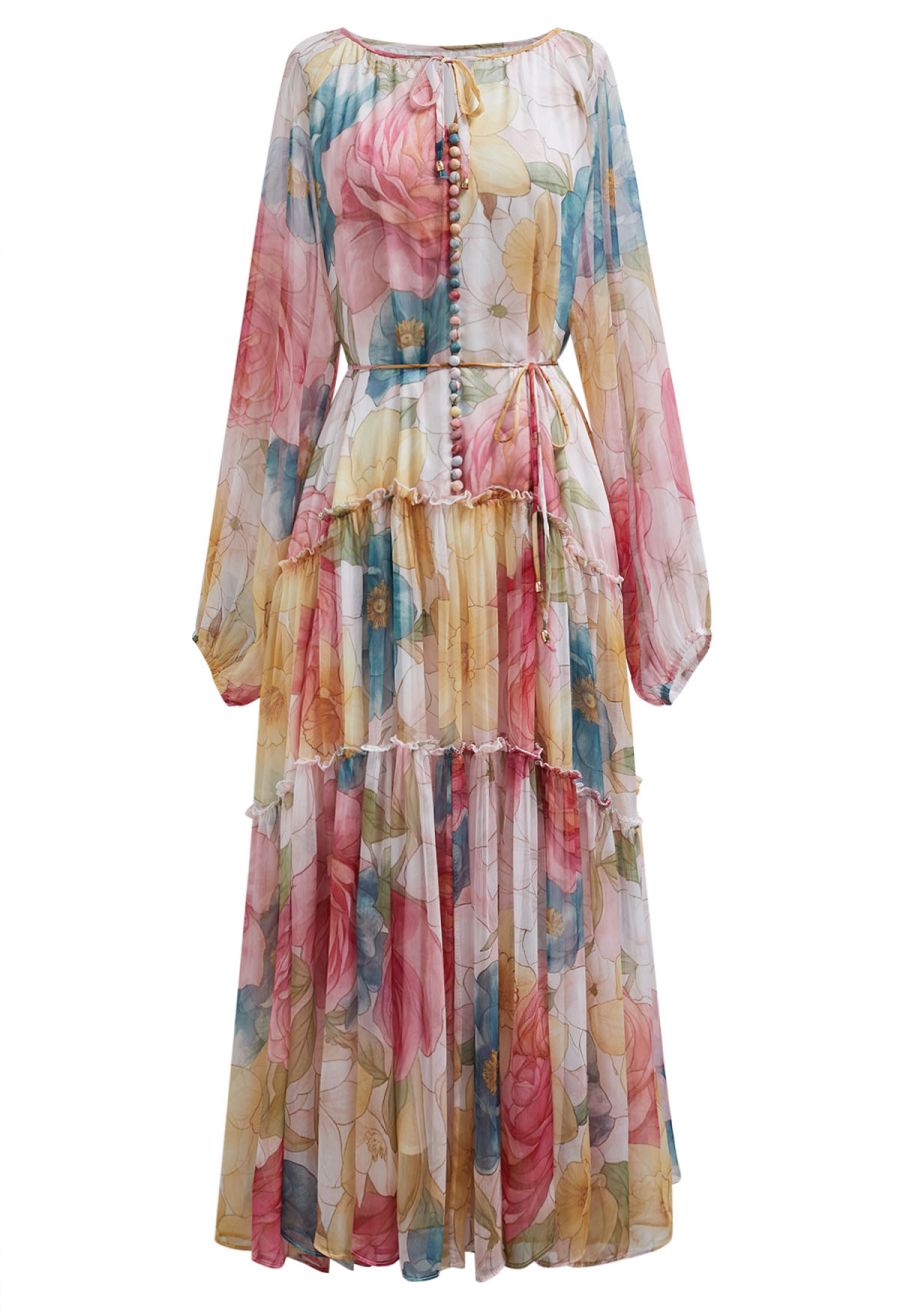 Floral Drift Button Down Ruffle Chiffon Maxi Dress