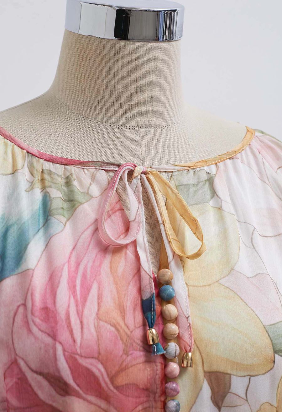 Floral Drift Button Down Ruffle Chiffon Maxi Dress