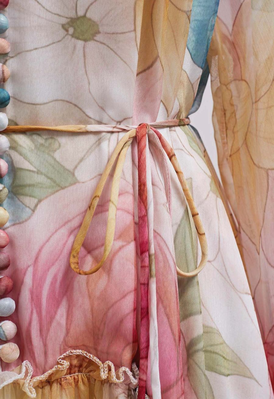 Floral Drift Button Down Ruffle Chiffon Maxi Dress