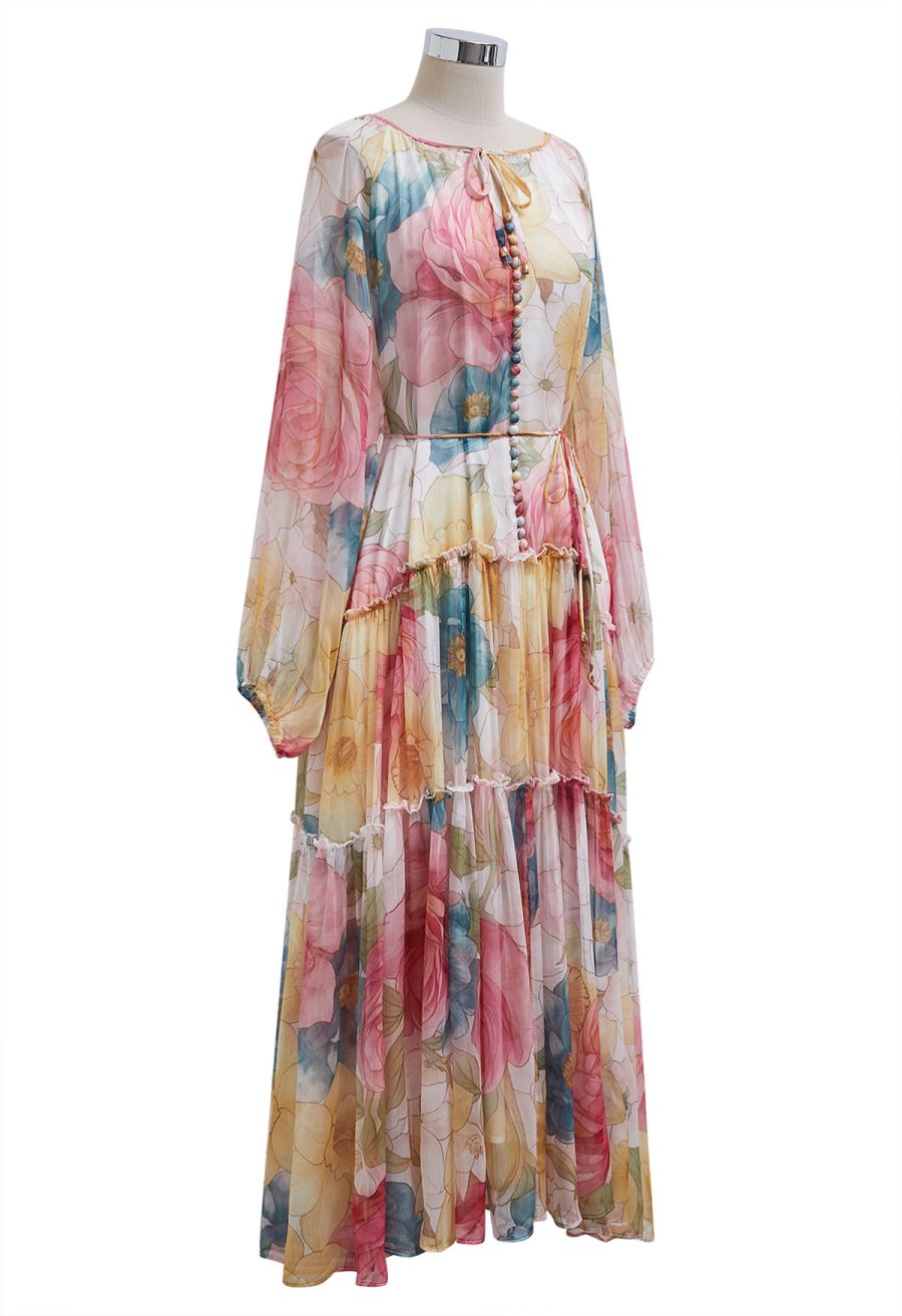 Floral Drift Button Down Ruffle Chiffon Maxi Dress