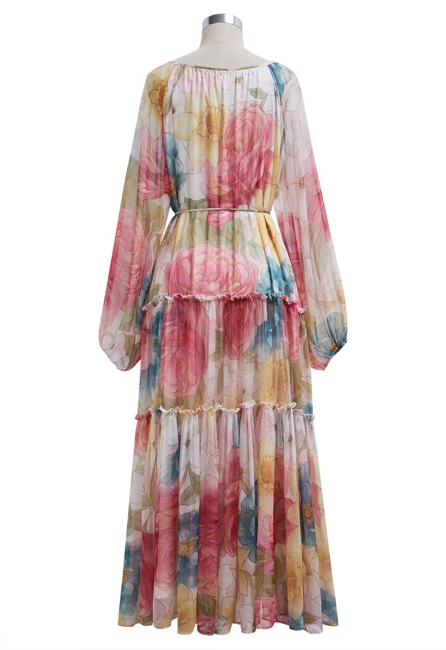 Floral Drift Button Down Ruffle Chiffon Maxi Dress