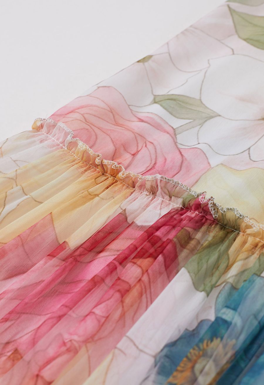 Floral Drift Button Down Ruffle Chiffon Maxi Dress