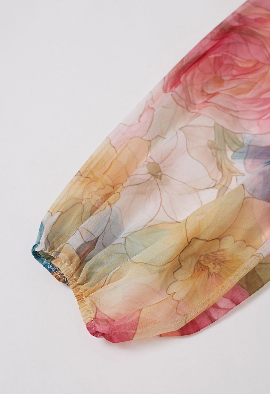 Floral Drift Button Down Ruffle Chiffon Maxi Dress