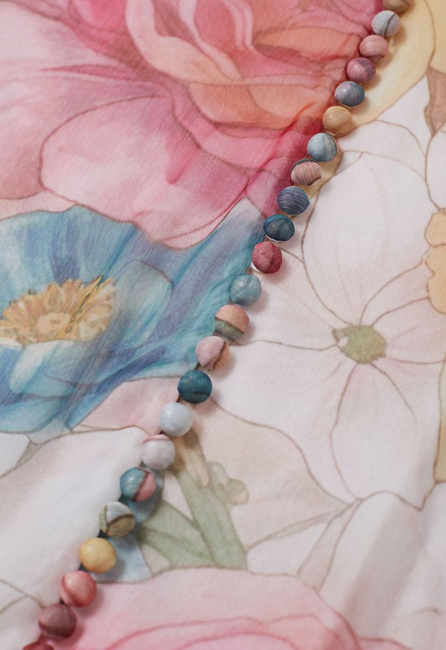 Floral Drift Button Down Ruffle Chiffon Maxi Dress