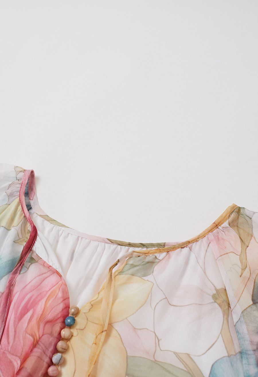 Floral Drift Button Down Ruffle Chiffon Maxi Dress