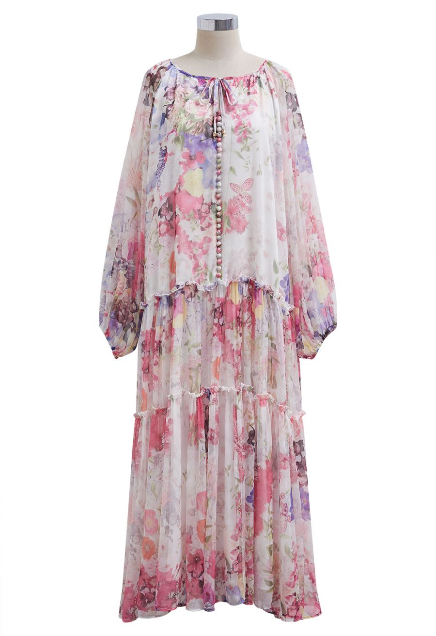 Whisper Garden Button Down Ruffle Chiffon Maxi Dress
