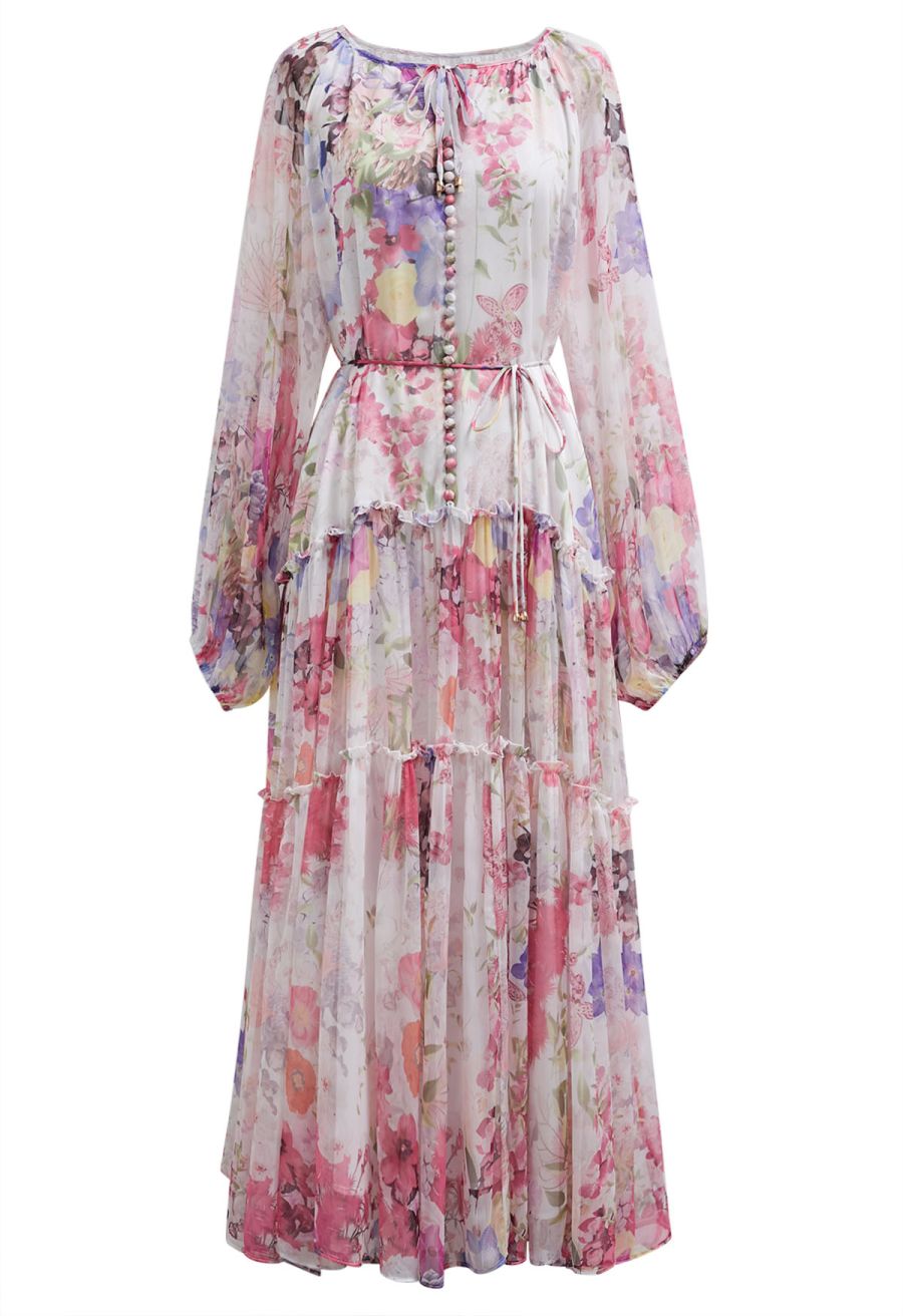 Whisper Garden Button Down Ruffle Chiffon Maxi Dress