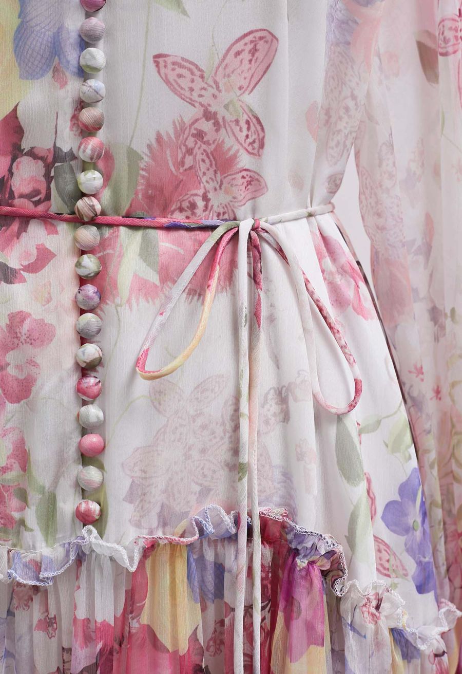 Whisper Garden Button Down Ruffle Chiffon Maxi Dress