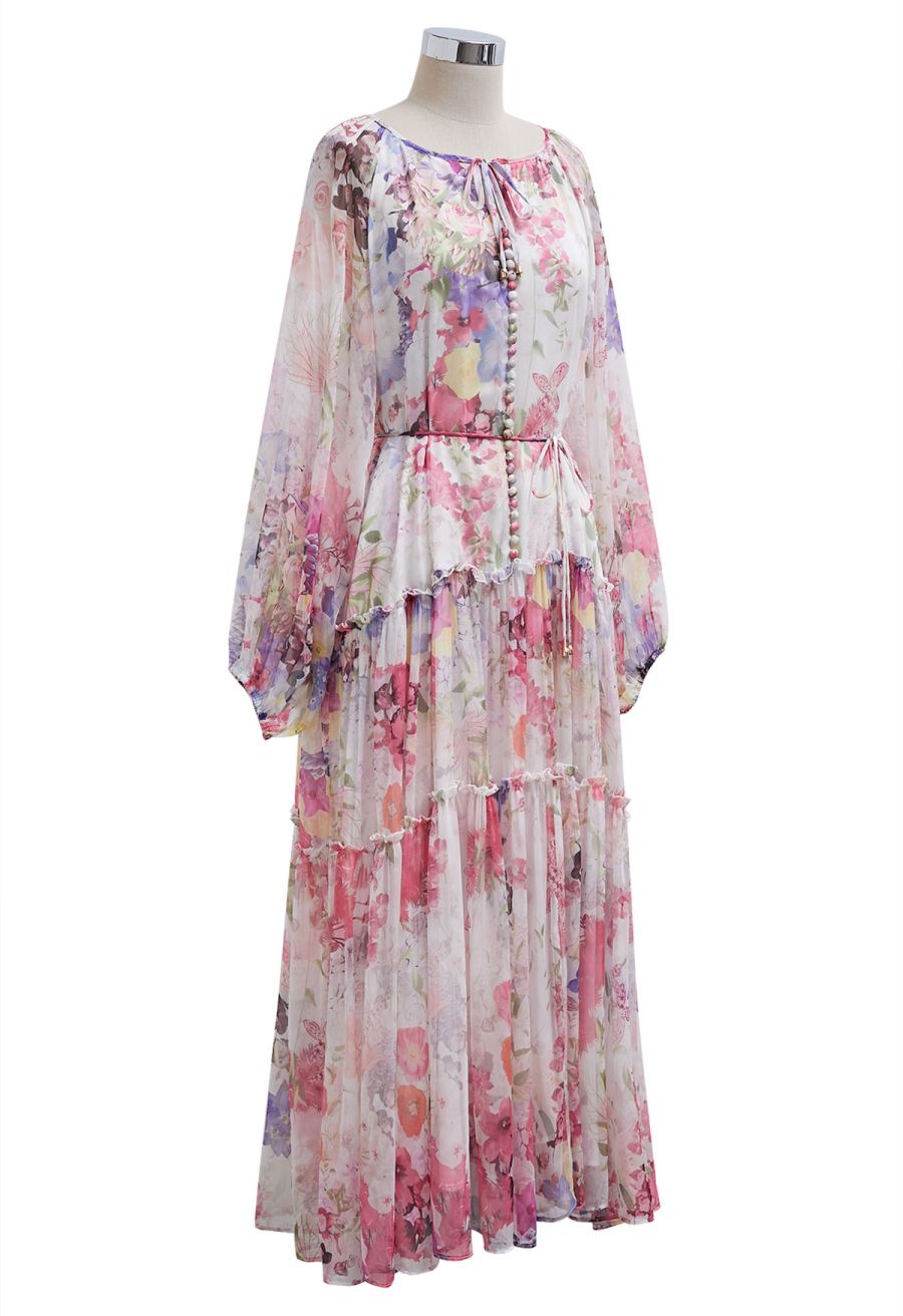 Whisper Garden Button Down Ruffle Chiffon Maxi Dress