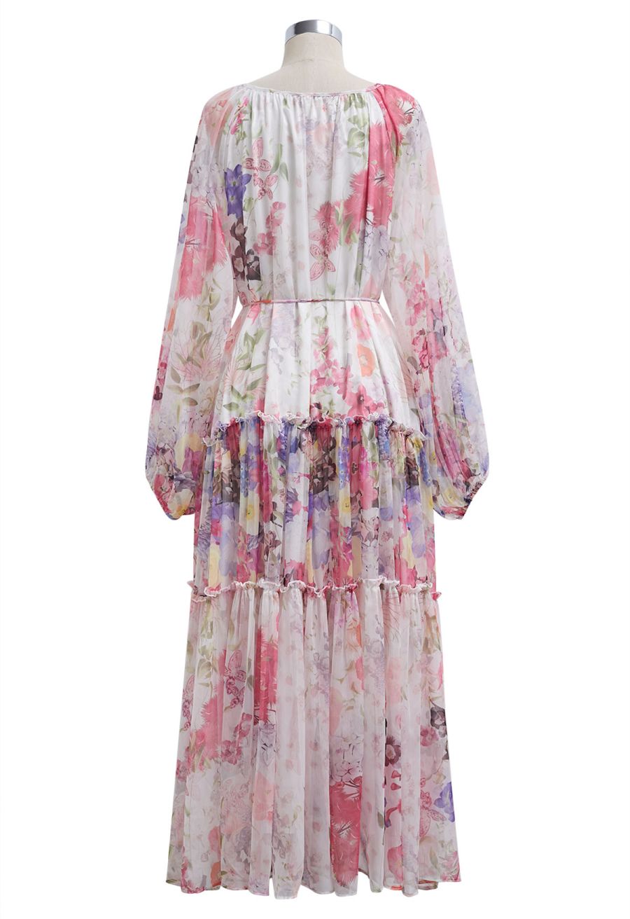 Whisper Garden Button Down Ruffle Chiffon Maxi Dress