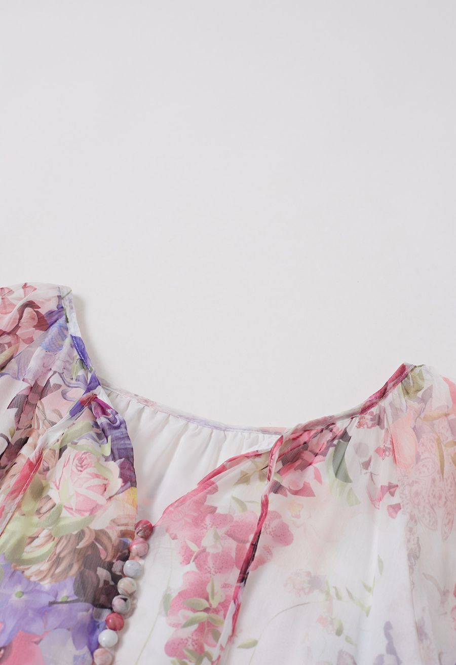 Whisper Garden Button Down Ruffle Chiffon Maxi Dress