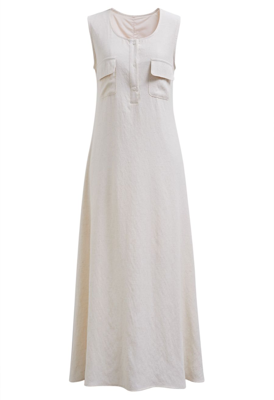 Flap Pocket Linen-Blend Sleeveless Maxi Dress in Linen