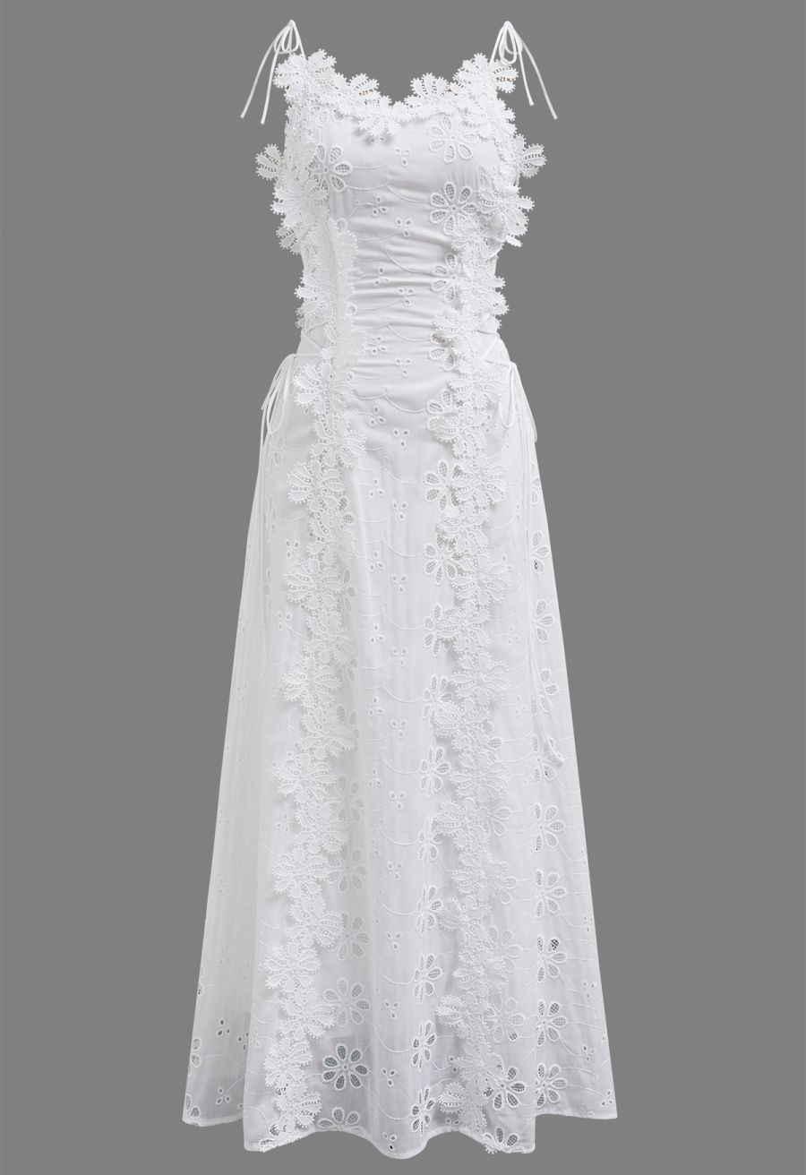 3D Floral Embroidered Lace-Up Cami Maxi Dress