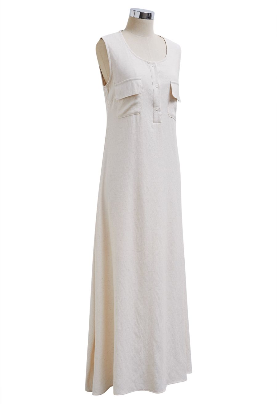Flap Pocket Linen-Blend Sleeveless Maxi Dress in Linen