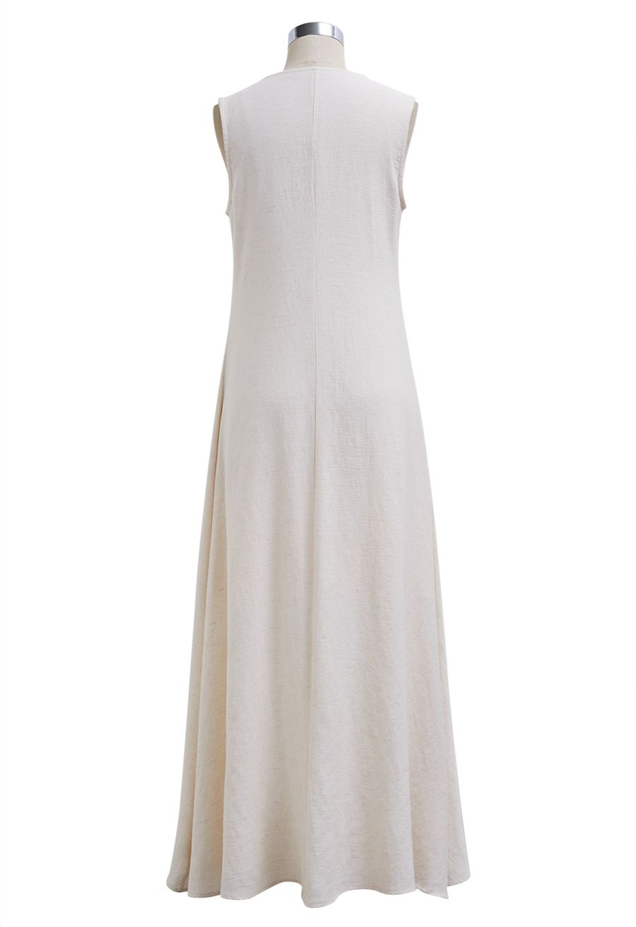 Flap Pocket Linen-Blend Sleeveless Maxi Dress in Linen