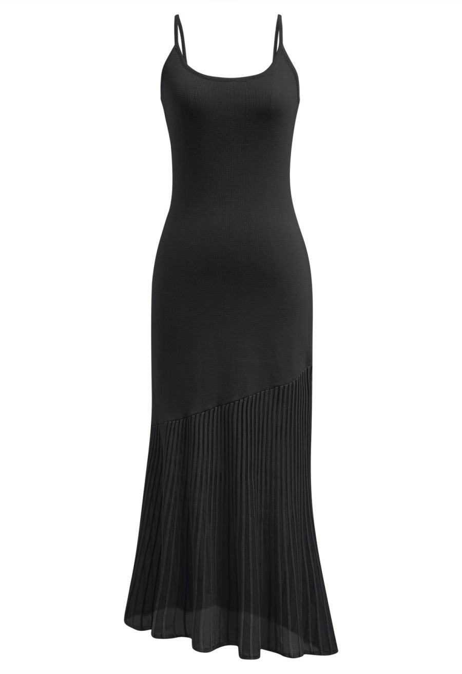 Semi-Sheer Mesh-Panel Knit Cami Maxi Dress in Black