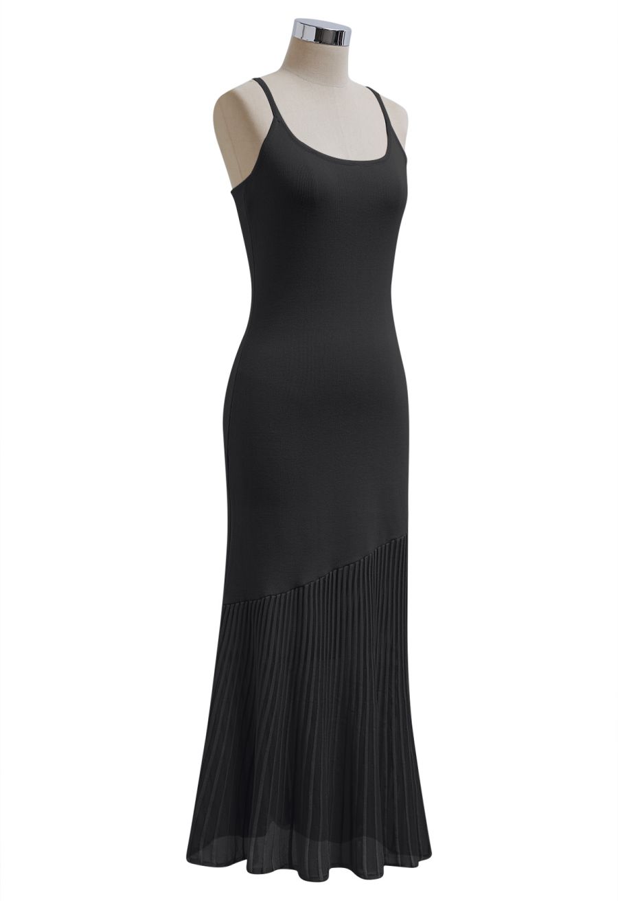 Semi-Sheer Mesh-Panel Knit Cami Maxi Dress in Black