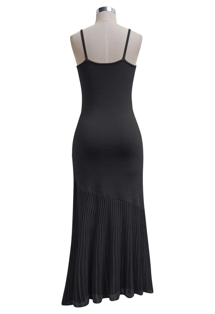 Semi-Sheer Mesh-Panel Knit Cami Maxi Dress in Black