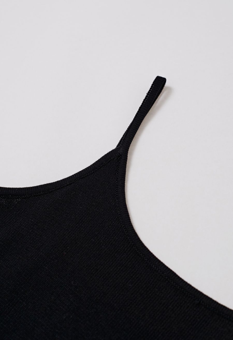 Semi-Sheer Mesh-Panel Knit Cami Maxi Dress in Black
